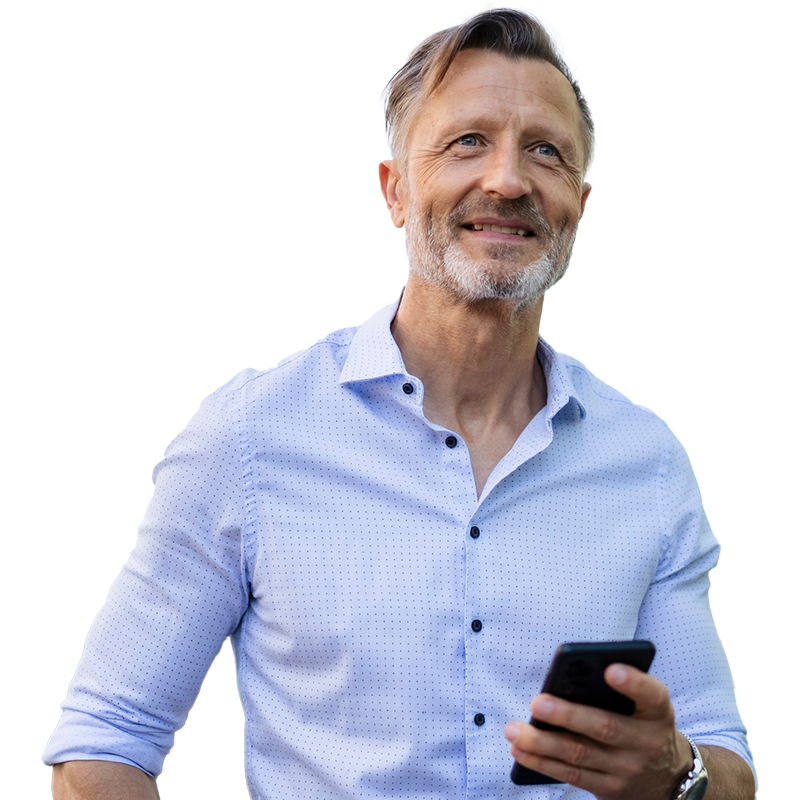 man holding phone and smiling